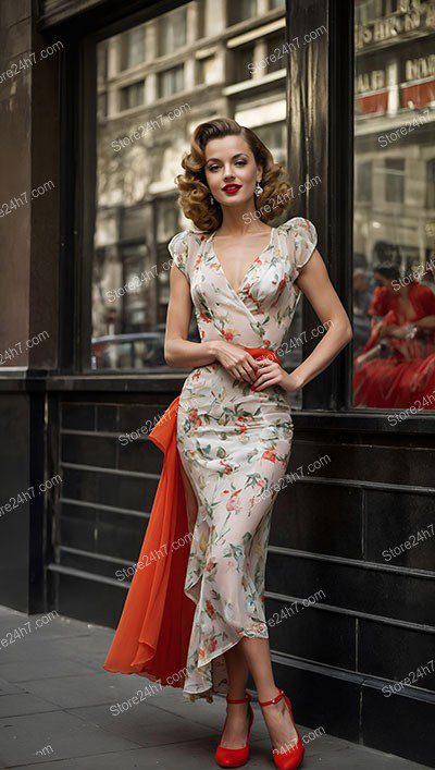 Urban Elegance: Floral Pin-Up in Red Heels