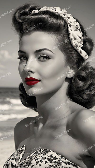 Classic Beachside Pin-Up with Red Lips