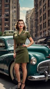 Vintage Vogue: Military Pin-Up Beside Classic Car