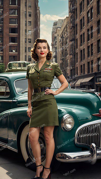 Vintage Vogue: Military Pin-Up Beside Classic Car