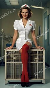 Vintage 1950s Pin-Up Nurse in Red Tights