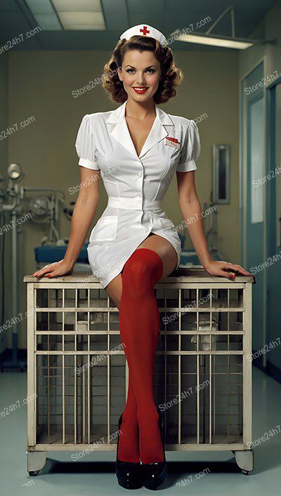Vintage 1950s Pin-Up Nurse in Red Tights