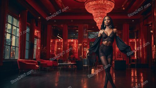 Captivating Lingerie Showgirl Strides in Red Club