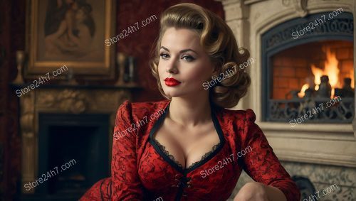 Resplendent Lady in Fireside Pin-Up Style