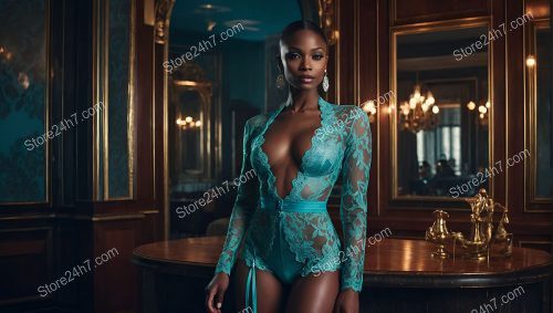 Elegant Showgirl Models Teal Lingerie in Opulent Club