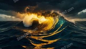 Majestic Ocean's Embrace: Surreal Golden Wave Illuminated