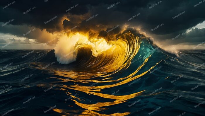 Majestic Ocean's Embrace: Surreal Golden Wave Illuminated