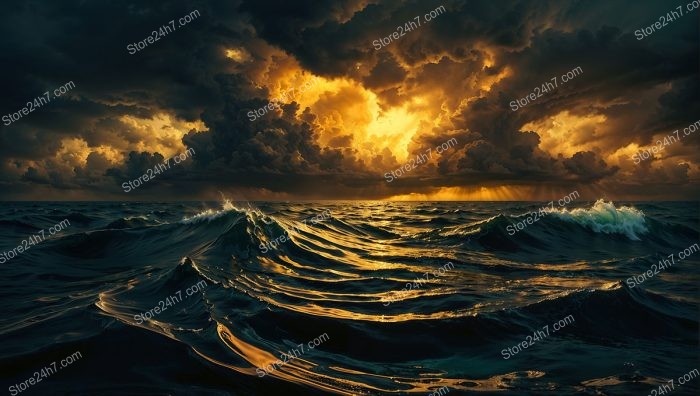 Golden Twilight Majesty: Surreal Ocean Storm Unveiled