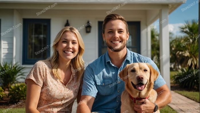 Cheerful Young Couple and Dog: New Homeowners’ Joy
