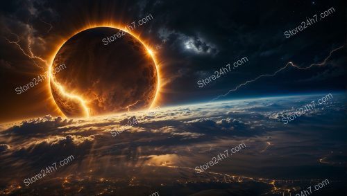 Crescent Eclipse Over Apocalyptic Lightning-Struck Planet