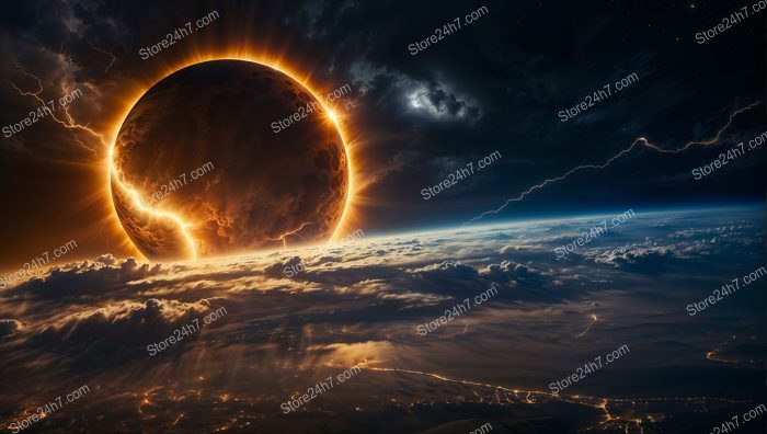 Crescent Eclipse Over Apocalyptic Lightning-Struck Planet