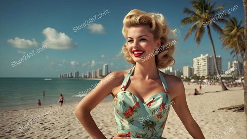 Sunny Vintage Pin-Up Girl on Beach