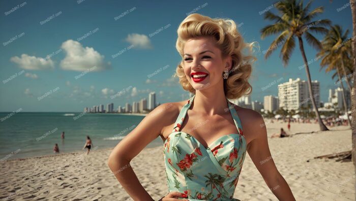 Sunny Vintage Pin-Up Girl on Beach