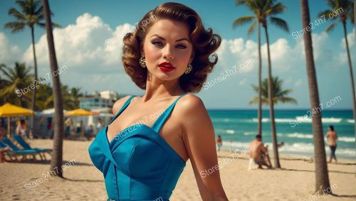 Sapphire Elegance Amidst Tropical Palms: Pin-Up Glamour