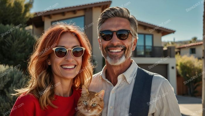 Smiling Couple with Cat: New Homeowners’ Sunshine Moment