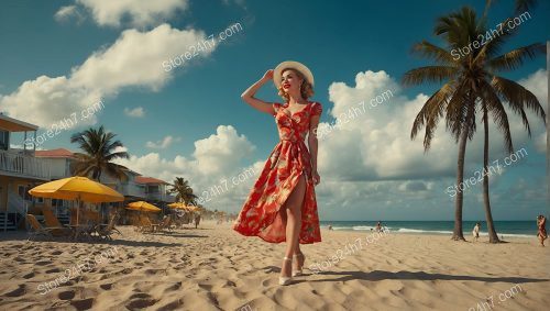 Red Dress Pin-Up Model Enjoys Seaside