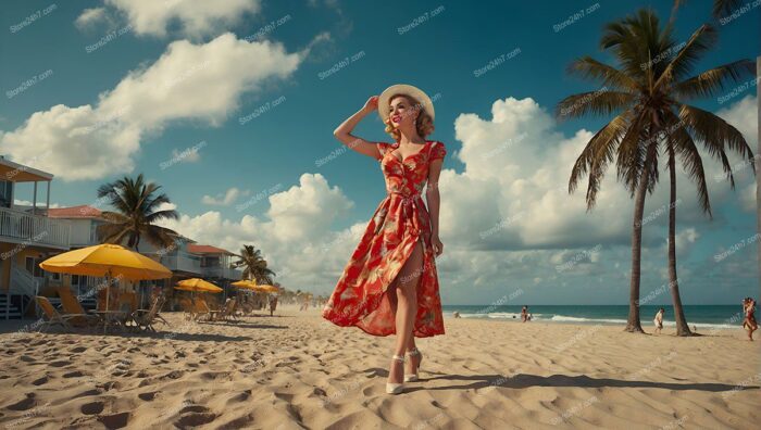 Red Dress Pin-Up Model Enjoys Seaside