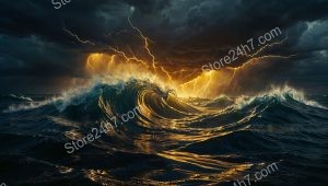 Tempestuous Seas Amidst Golden Lightning's Surreal Embrace