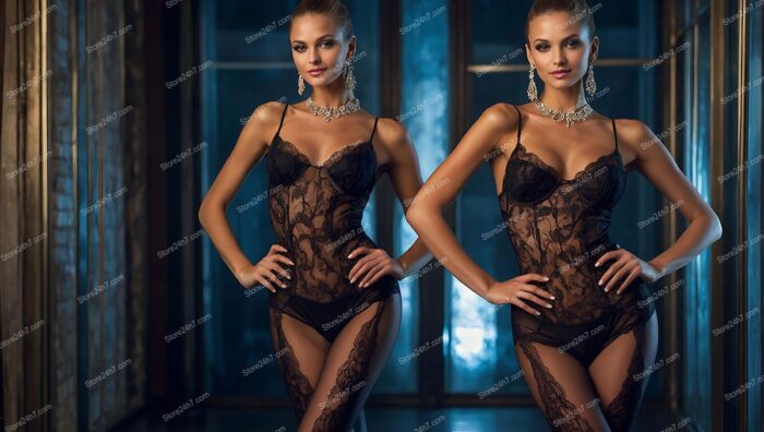 Twin Showgirls in Black Lace Lingerie Splendor