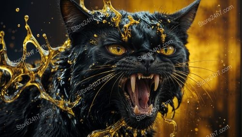 Golden Fury: Midas-Touched Cat in Surreal Transformation