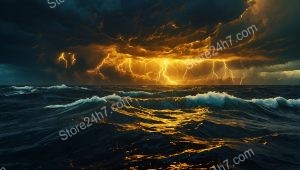 Golden Fury: Surreal Ocean Waves under Thunderous Skies