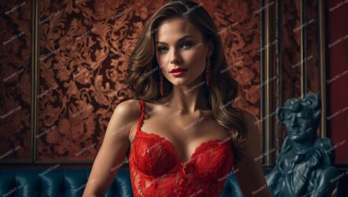 Red Lingerie Model Elegance in Opulent Setting