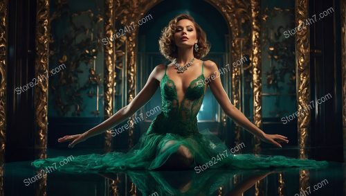 Emerald Enchantment: Showgirl's Grace in Lingerie Splendor