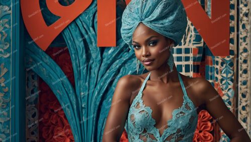 Turquoise Elegance: Showgirl in Opulent Lingerie Showcase