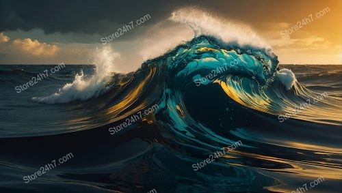 Golden Crest: Turbulent Teal Wave with Sunset Glow
