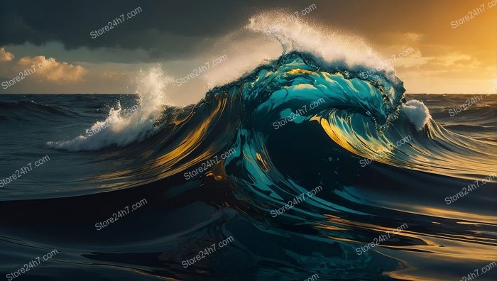 Golden Crest: Turbulent Teal Wave with Sunset Glow
