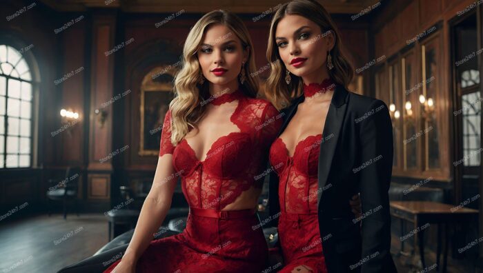 Twin Showgirls in Red Lingerie: Club's Fashion Gala