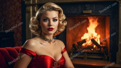 Glamorous Vintage Pin-Up by Fireplace