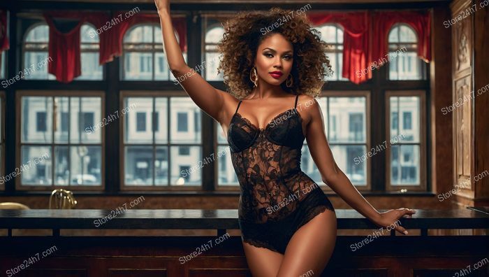 Elegant Showgirl Captivates in Black Lingerie Display