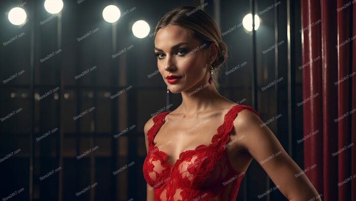 Red Lingerie Elegance on Showgirl's Graceful Figure
