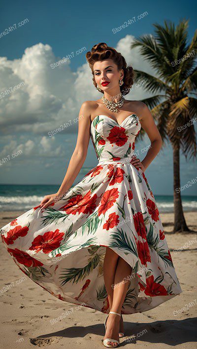 Breezy Beach Day with Floral Pin-Up Beauty