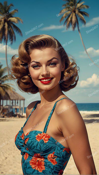 Sunlit Smile: Retro Pin-Up Beach Day Elegance