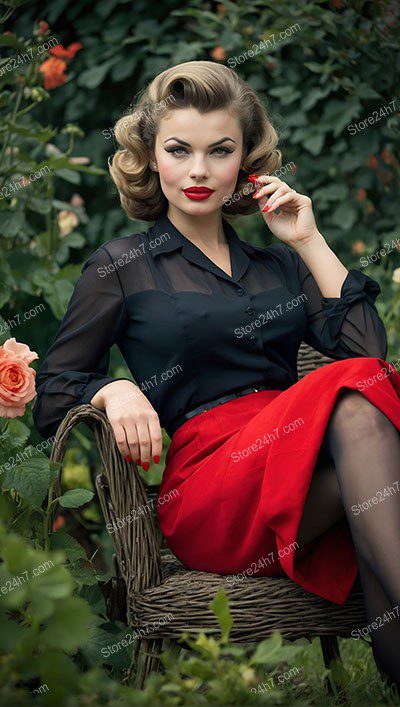 Classic Garden Elegance: Red Skirt Pin-Up Pose