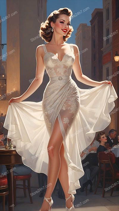 Graceful Ivory Gown in Sunlit Pin-Up Dance