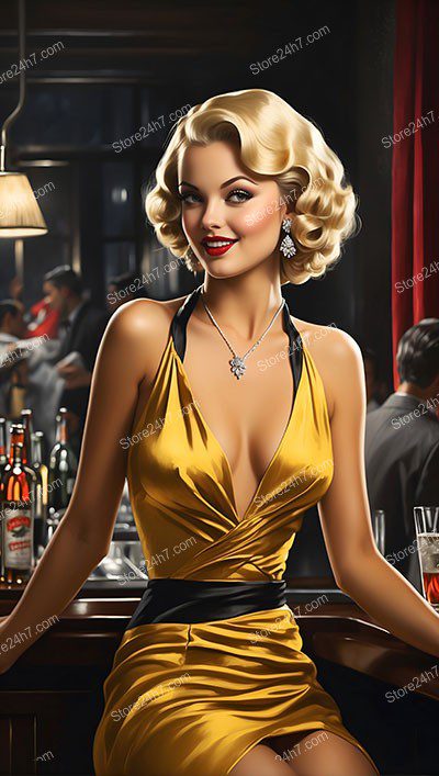 Golden Glamour: Vintage Pin-Up Star at Bar