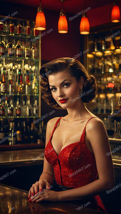 Red Sequin Dress Pin-Up Bar Portrait