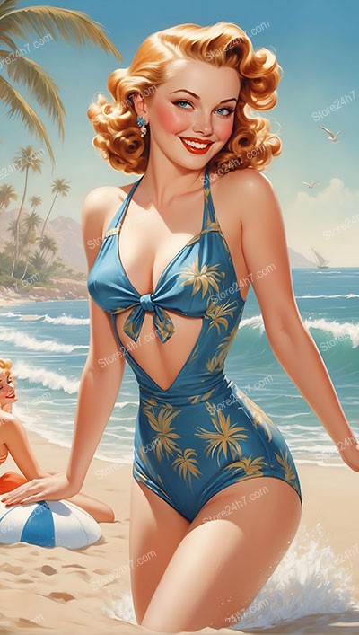 Golden Era Beach Elegance in Palm-Print Swimsuit Pin-Up