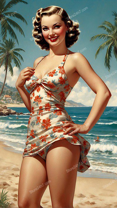 Floral Swimsuit Pin-Up Girl on Tropical Beach