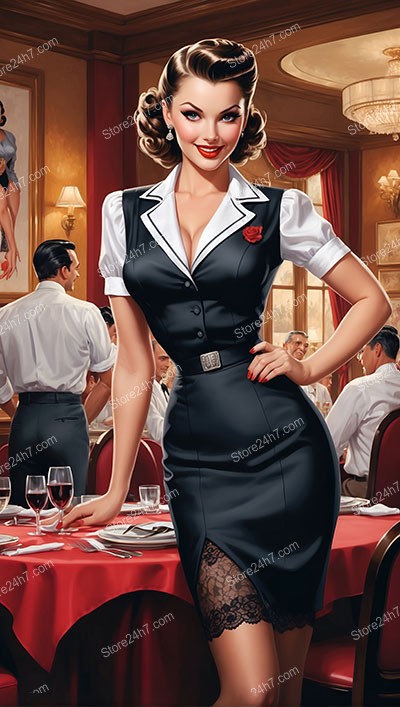 Charming 1930s Pin-Up Waitress Illustration