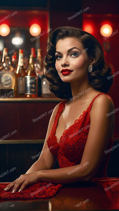 Scarlet Seduction: Pin-Up Girl in Lively Bar