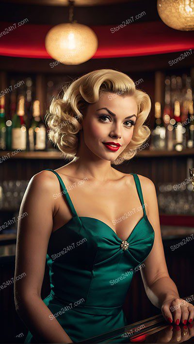 Elegant Pin-Up Beauty Sits in Bar