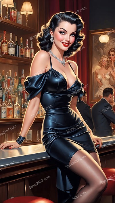 Midnight Elegance: Timeless Pin-Up Enthralls in Bar Scene