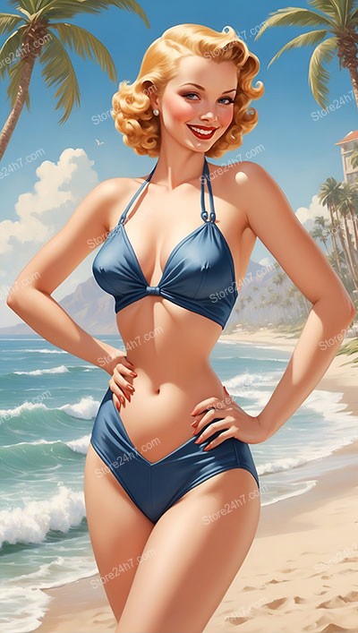 Retro Coastal Bliss: Classic Pin-Up Girl on Beach