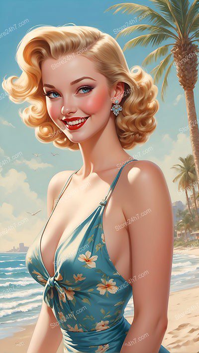 Sunlit Pin-Up Girl Charms on Serene Beach