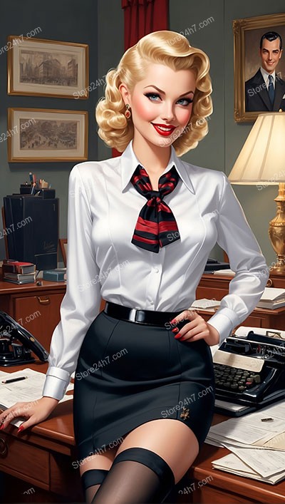 Sassy Pin-Up Secretary Flirts in Chic Vintage Attire