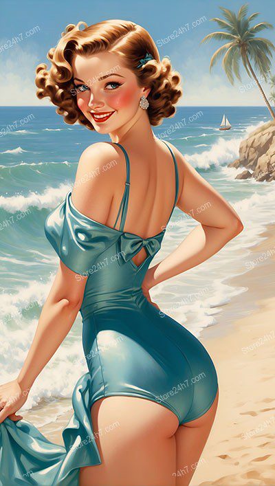 Elegant Pin-Up Swimsuit Girl on Vintage Beach